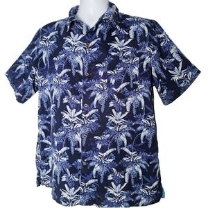 Havana Jim Camp Collar Shirt Mens L Blue Tropical‎ Palm Stretch Aloha Resortwear